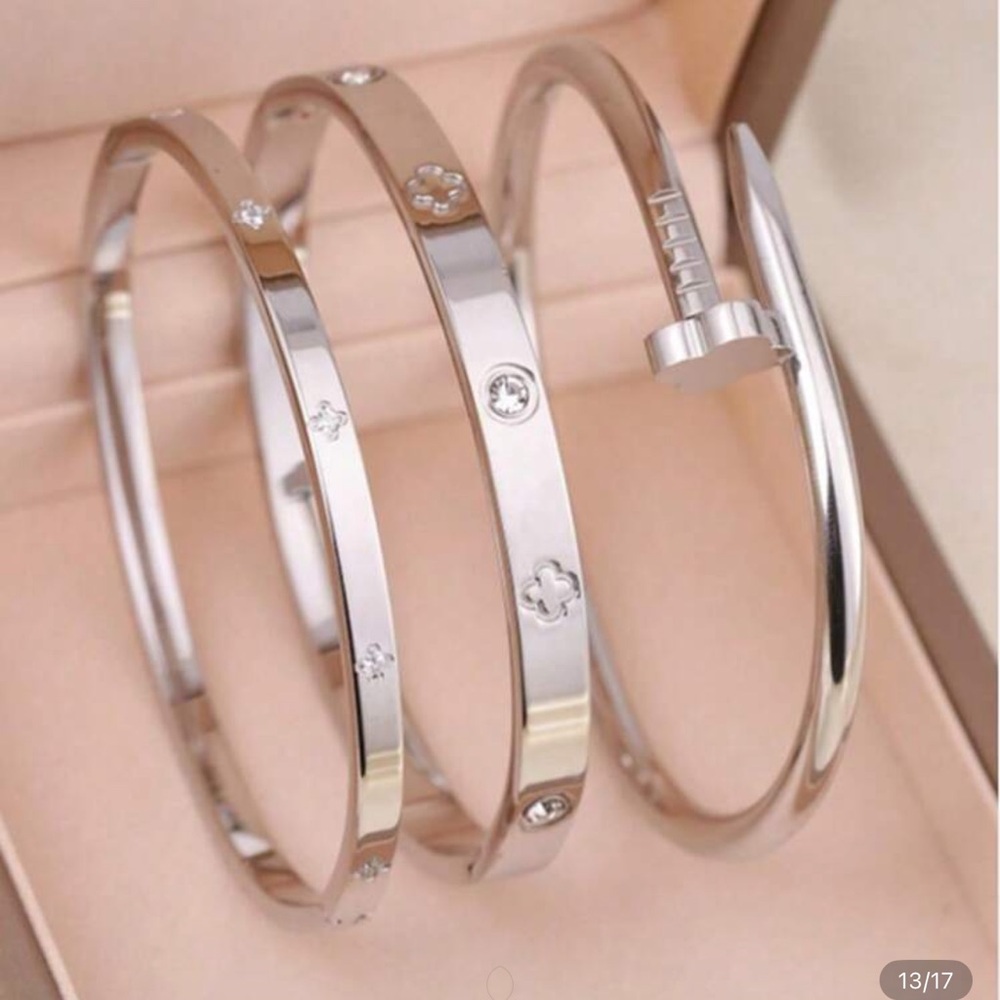 3pcs 18K Gold Plated Stainless Steel Four-Leaf Clover Nail Chain Bracelet Set